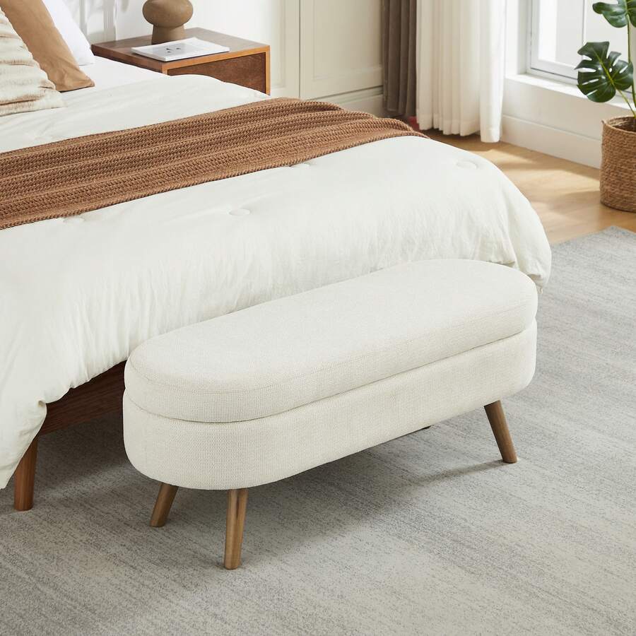 Storage Bench Beige Chenille 110cm – Space-Saving For Entryway, Bedroom, Living Room - 米色 - 查看 1