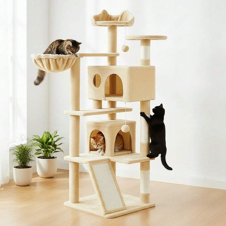 Multi Level Cat Tree Tower With Double Condo Houses, Sisal Scratching Posts & Slope Scratching Board,