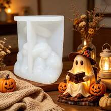Halloween Reading Little Ghost 3D Aromatherapy Candle Silicone Mold, Witch Hat Pumpkin Decor Ghost Imp Relief Design, Reusable, Easy Demolding, Suitable For Halloween Creative Handmade Gift Making Tool, Holiday Atmosphere Decor, Resin Craft Ornament, Handmade Enthusiast Creative Tool - A - View 6