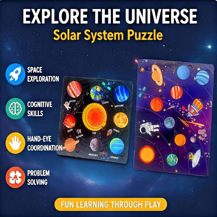 Wooden Solar System 8 Planets 3D Cognitive Puzzle Board, Replicating Sun And 8 Planets Orbit, Paired With Astronaut Rocket Space Illustration, 3D Planets Can Be Embedded Into Corresponding Slots, Astronomy Science Popularization Enlightenment, Exercising Children's Spatial Cognition And Hand-Eye Coordination, Inspiring Interest In Universe Exploration, Montessori Early Education STEM Teaching Tool, Suitable For Children's Birthday Holiday Learning Gifts - Multicolor - View 1