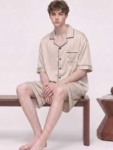 2pcs/Set Men's Summer Short Sleeve & Shorts Satin Pajamas, Casual Comfortable Loungewear Set With Lapel Collar, Fashionable Home Wear Suitable For Going Out - Champagne - View 2