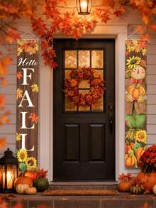 1/2 Stücke Hello Fall Vogelscheuchen-Veranda-Banner-Set, Ahornblatt Sonnenblume Kürbis vertikale Hängende Flagge, rustikaler Holzmaserungs-Muster Türdekoration, Herbst Thanksgiving Ernte Haustür Außenhof Bauernhaus-Stil Partydekoration - Herbst Vogelscheuche Sonnenblume - Übersicht 9