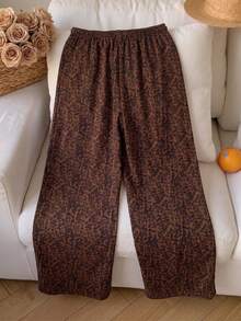 Women's Summer Lightweight Breathable Leopard Print Casual Pants, Elastic Waist With Drawstring, Loose Drapey Wide Leg Long Pants - Coffee Brown - View 4