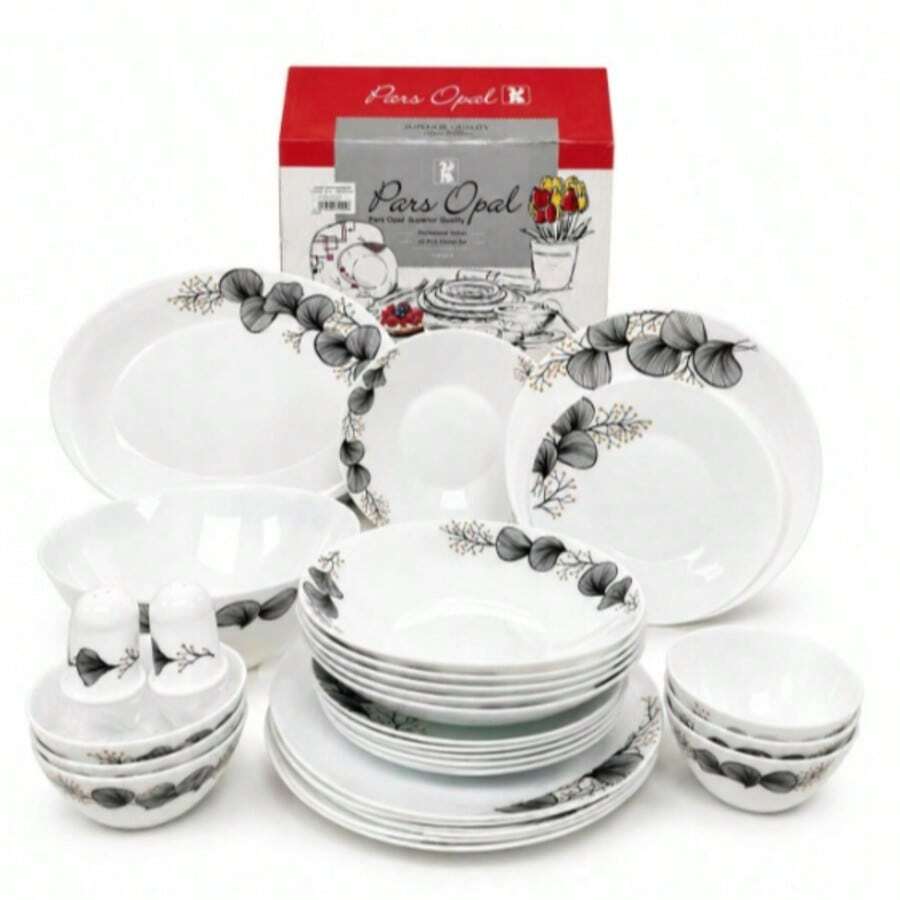 28-Piece Opal Glass Dinner Set For 6 People With Plates And Bowls – Coral Pattern - Black and White - View 1