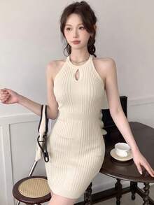 新款春夏镂空针织露背修身连衣裙（女款） - 杏色 - 查看 5