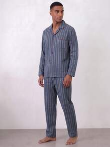 Snug League [PONX]2pcs Men's Pajama Set, Long Sleeve Top & Pants, Breathable & Moisture-Wicking, Spring/Autumn, Fall Winter Clothes - Blue - View 4