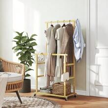 Rolling Clothes Rack, Wardrobe With Hanging Rail, Shoe Rack, Made Of Bamboo, 80 X 40 X 160 Cm, Natural - 自然色 - 查看 2