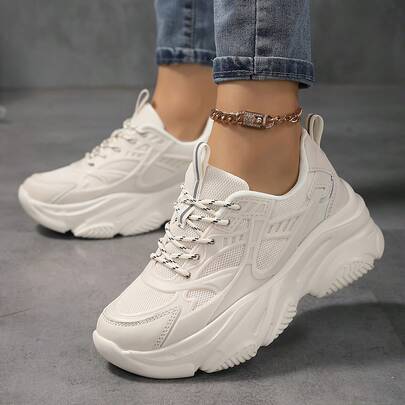 Women's Breathable Mesh White Chunky Sneakers, Height-Increasing Thick Sole, Lightweight Versatile Casual Sports Walking Shoes