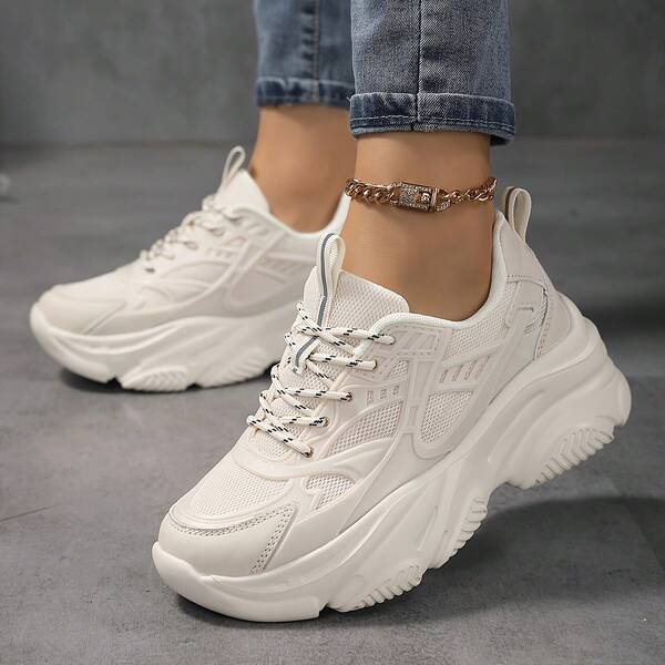 Women's Breathable Mesh White Chunky Sneakers, Height-Increasing Thick Sole, Lightweight Versatile Casual Sports Walking Shoes