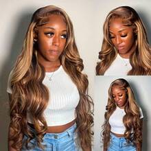 KGIFH 36 Inch 360 Full Lace Wig Human Hair Invisi Strap Drawstring 250 Density Highlight Ombre Body Wave 360 HD Lace Front Wigs Human Hair Pre Plucked 13x4 13x6 Human Hair Lace Wig Glueless Body Wave Frontal Wigs 4/27 Colored Wig For Women - S4/27 - 查看 2