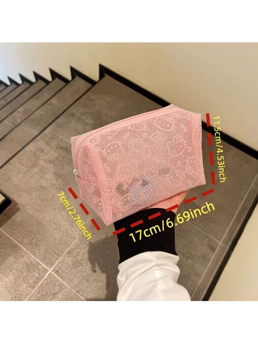 SANRIO All Cat Embossed Transparent Mesh Makeup Bag, Wide Zipper Opening For Easy Access, Lightweight Mesh Material Doesn't Add To Bag Weight, Suitable For School Daily Touch-Ups And Weekend Travel Makeup Storage - Multicolor - View 1