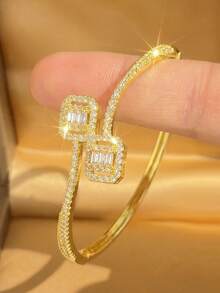 18K Gold Plated Square & Rectangular Zirconia Jewelry Set, Adjustable Open Cuff Bracelet And Ring, Elegant Women's Accessories, Suitable For Daily Wear And Party Occasions - Multicolor - View 5