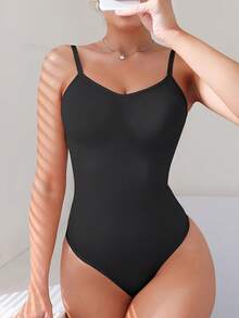 2Pcs High Waist Tummy Control Thong Bodysuit Figure - 黑 - 查看 2
