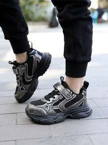 Low-Top Flat Mesh Breathable Comfortable Lightweight Kids' Outdoor Casual Sports Chunky Sneakers - Black - View 3