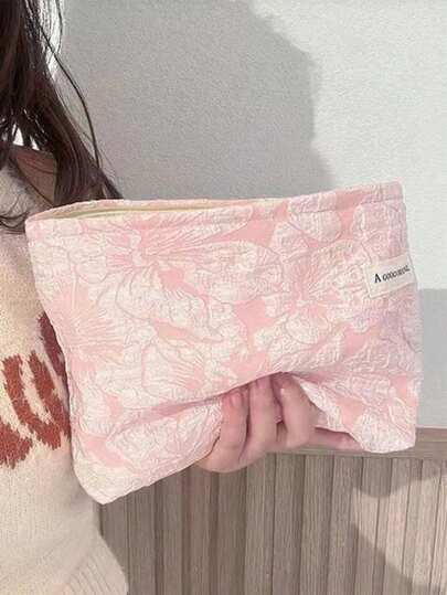 1pc Pink Floral Jacquard Makeup Bag, Soft Embossed Texture, Large Capacity, Portable Travel Toiletry Bag, Beautiful Zipper Handbag, Tote Bag, Bathroom Storage, Valentine's Day, New Year, Wedding Gift, Women's Toiletry Bag, Women's Bag, Personalized Makeup Bag, Travel, Toiletry Bag, Cosmetic Storage Bag, Vacation Essential, Zipper Bag