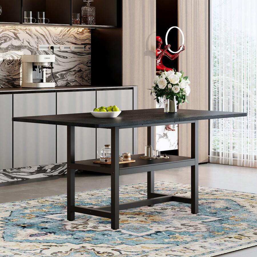 Rectangle Dining Table Industrial Style Walnut Finish, Seats 4-6 People, With Shelf And Black Metal - 黑色 - 查看 1