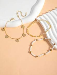 3pcs/Set Children Simple Kids Gold-Tone Circular Pendant Tassel Beaded Anklet For Suitable For Daily Wear And Vacation - Multicolor - View 4