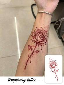 1件紅色滴墨玫瑰細長垂直圖案臨時紋身貼紙，逼真假紋身設計，適合日常、單身派對小禮物、音樂節、遊戲、畢業禮物，可維持3-5天 - 紅色 - 查看 1
