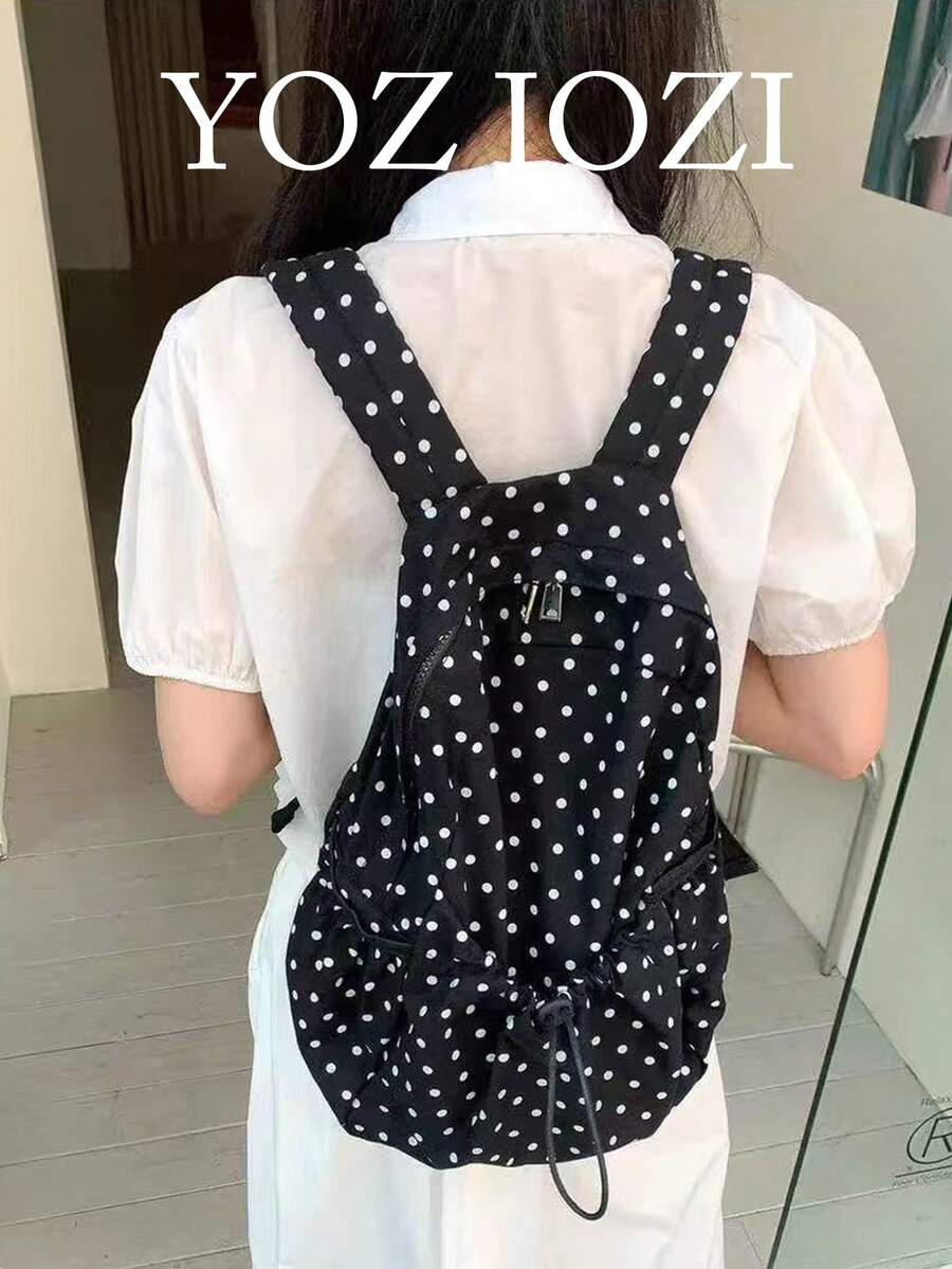 日韓風小眾設計 INS 風通勤戶外日常購物波點清新可愛女款大學生帆布後背包校園包 - 黑色 - 查看 1