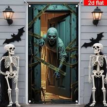 1 pieza Pancarta de puerta de casa de madera rota abierta con fantasma zombi de Halloween, patrón de fantasma de pelo largo y dientes afilados, decoración de fiesta de Halloween, cortina de puerta para interiores y exteriores, víspera de Todos los Santos, celebración festiva. - A - Ver 2