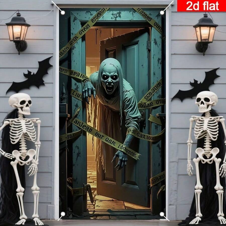 1 pieza Pancarta de puerta de casa de madera rota abierta con fantasma zombi de Halloween, patrón de fantasma de pelo largo y dientes afilados, decoración de fiesta de Halloween, cortina de puerta para interiores y exteriores, víspera de Todos los Santos, celebración festiva.