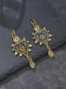 1 Pair Vintage Gothic Style Enamel Sun Moon Heart Teardrop Pendant Earrings, Women's Versatile Daily Casual Date Party Jewelry - Earrings - View 7