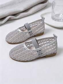 1 Pair Silver Flat Princess Mary Jane Shoes, Hollow Mesh Breathable Non-Slip Soft Sole, Single Strap Ballet Shoes, Girls, Students, Elastic Single Strap Design Cute Sandals Suitable For All Seasons, Match With Skirts And Jeans - Silver - View 6