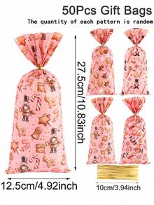25/50/100pcs Pink Merry Christmas Plastic Gift Bags, Gingerbread Man Pattern, Transparent Candy Bags With Ribbon, 2026 Christmas Decoration, Suitable For Home Christmas Celebration, Durable Party Gift Bags, Gift Wrapping Bags, Winter Holiday Christmas Party Decoration, 2027 Happy New Year, Multi-Purpose Christmas Gift - Multicolor - View 13