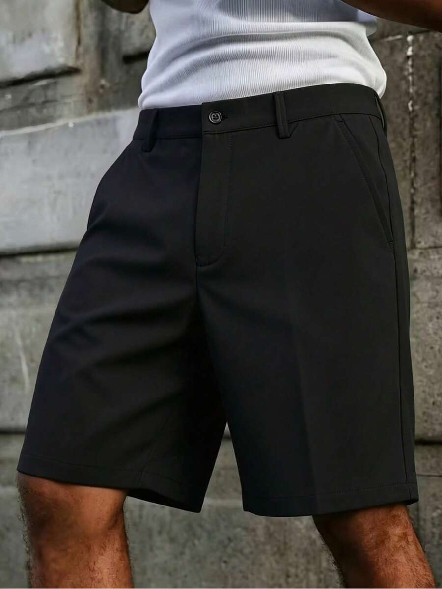男士輕量商務休閒短褲,夏季薄款直筒膝長短褲 - 黑色 - 查看 1