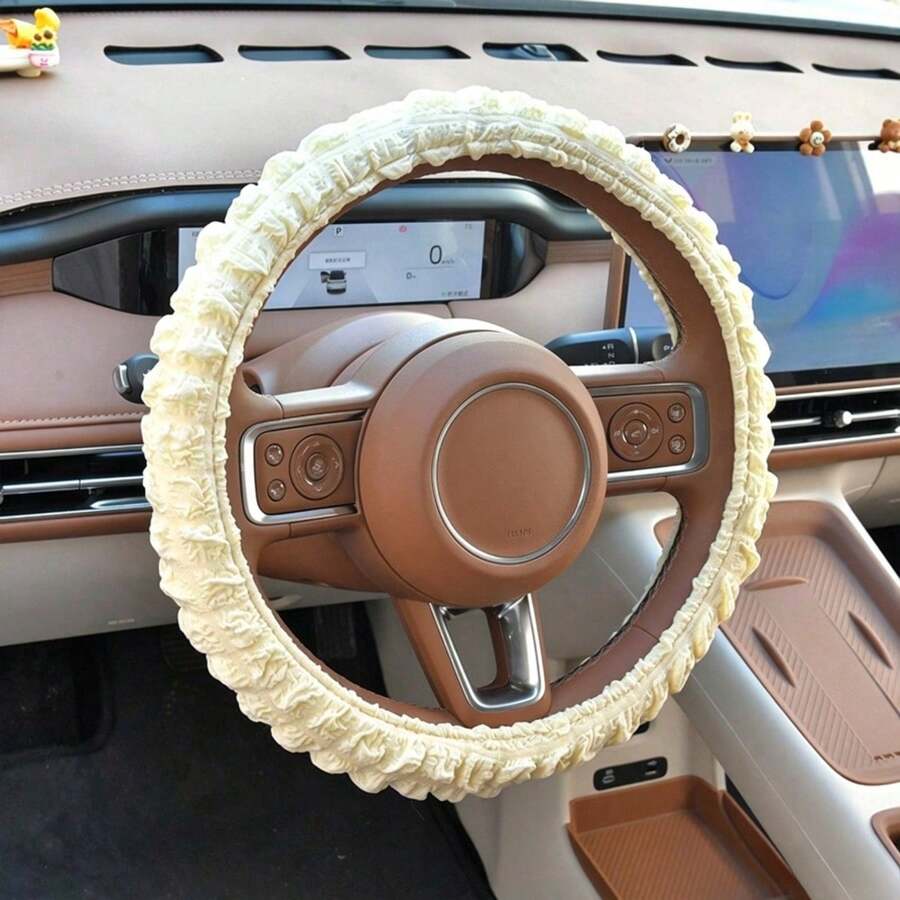1件裝奶油風百褶泡泡紗汽車方向盤套，四季通用防滑布料內飾 - 彩色 - 查看 1