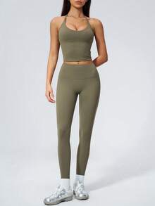 NcmRyu Women's One Set Solid Color Halter Tie U-Neck Backless Cropped Tank Top High Waist Ankle Pants Sports Set - Green - View 6