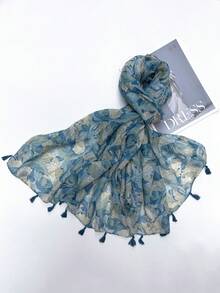 1 pieza Bufanda chal de moda casual con estampado de hojas azules para ir al trabajo - Azul - Ver 7