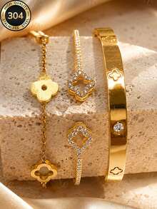 ZCNC Znice Fashion Stainless Steel + Copper 18K Gold Plated Women's Flower Rhinestone Bracelet & Bracelet Set, Lucky Four-Leaf Clover Open Cuff Bracelet Combination, Suitable For Women's Daily Wear, Holiday Gift, Fashion Women's Bracelet Set - Gold - View 7