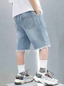 Young Boy New Fashion Distressed Casual Soft Basic Simple Blue Denim Distressed Shorts Spring Summer - Blue - View 2
