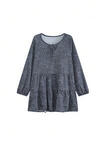 Elegant High-End Petite V-Neck Ditsy Floral Long Sleeve Dress (Random Floral Pattern) Vacation - Black - View 5