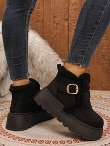 Women's Warm Fleece Trim Thick Sole Snow Boots, Metal Buckle Slip-On Faux Suede Short Ankle Boots, Non-Slip Serrated Sole Winter Daily Shoes - Black - View 1