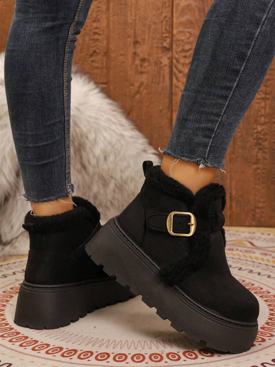 Women's Warm Fleece Trim Thick Sole Snow Boots, Metal Buckle Slip-On Faux Suede Short Ankle Boots, Non-Slip Serrated Sole Winter Daily Shoes - Black - View 1