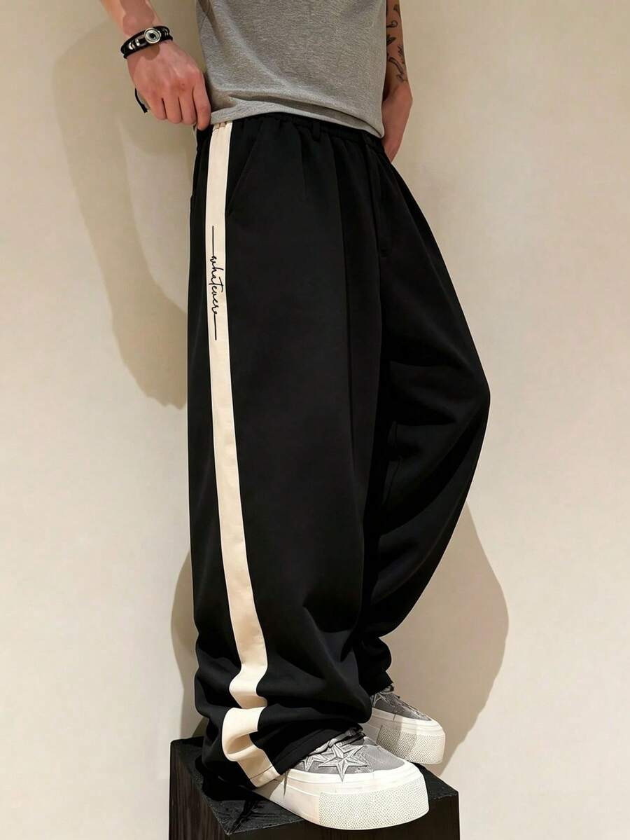 Pantalones casuales de verano para hombre SU ER con cintura elástica y cordón, pantalones largos holgados de pierna ancha con caída relajada - Negro - Ver 1