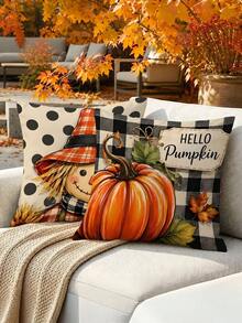 4pcs/1pc Autumn Thanksgiving Decorative Pillowcase Set - Vintage Black & White Plaid, Harvest Scarecrow, Sunflower And Pumpkin Print Design, 18x18 Inches | Zipper Closure | Durable Polyester Material | Suitable For Living Room, Bedroom, Sofa And Bedroom (Filling Not Included) Atmospheric Autumn Home Decor, Suitable For Autumn Harvest, Thanksgiving Party Decoration. - Multicolor - View 4