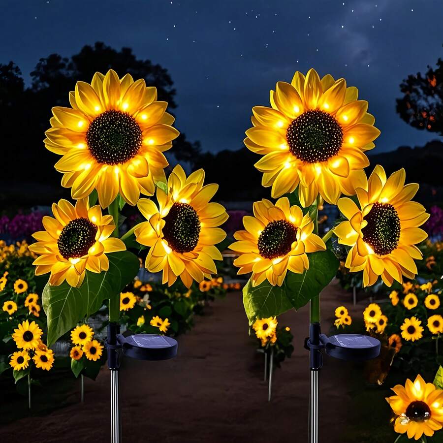2-PACK (3-Sunflower) Solar Outdoor Lights, Sunflower Garden Lights For Yard, Lawn, Home, Patio And Porch, Realistic Night-Glowing Decor, Outdoor Lighting, Garden Lighting | Decorative Solar Garden Lights IP65 Splash-Proof - 太陽能向日葵 - 查看 1