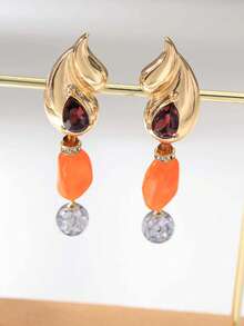 1 Pair Elegant Vintage Bohemian Style Alloy Water Drop Asymmetrical Orange Acrylic Block Pendant Earrings, Suitable For Women's Vacation, Party, Date And Daily Wear - Gold - View 4