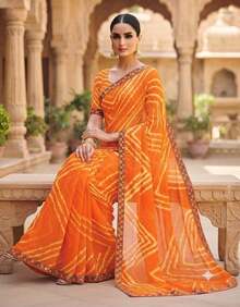 Estationeryhouse Chiffon Saree With Coloured Stripes With Unstitched Blouse - Orange - View 2