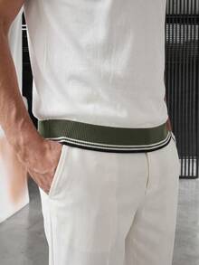Men's Contrast Color Vertical Striped Knit Polo Short Sleeve - Casual Commute Versatile Top - White - View 5