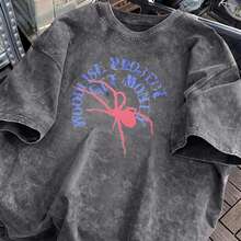 Vintage Streetwear, Washed Cotton T-Shirt, Woodlist Project Get Money Spider Graphic Print, Acid Wash Distressed Hem Oversized Fit, Women Casual Summe - WUWash Black1 - View 4
