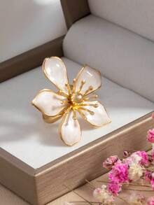 1 Peça Anel Elegante de Moda com Flor de Cinco Pétalas e Gota de Óleo, Anel Feminino Elegante e Minimalista de Luxo - Multicolorido - Visão 2