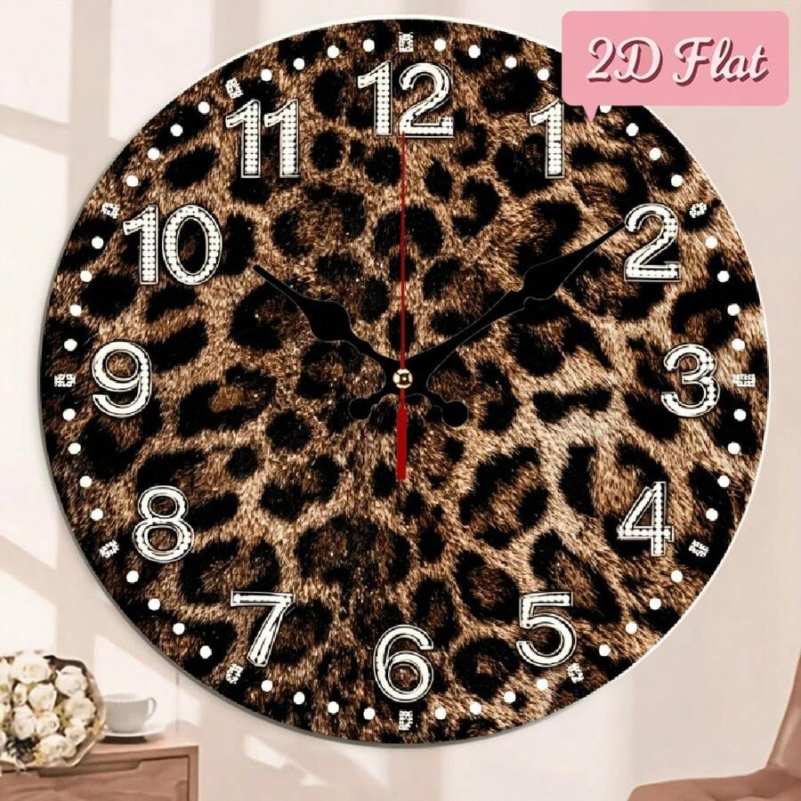 1Pc 2D Flat 12In Leopard Print Round Silent Wooden Wall Clock, Silent Quartz Movement, Holiday Gift For Halloween Thanksgiving Christmas, AA Battery Not Included,Room Decor,Bedroom Decor,Office Decor,Classroom Decor,Fall,Picks