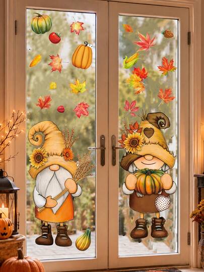 1/2pcs Thanksgiving Window Stickers, Removable Glass Decals, Autumn Decor, Gnome Pumpkin Maple Leaf Harvest Pattern, Home Window Door Wall Party Decoration, Adult Thanksgiving Decoration, Autumn Harvest Festival Party Supplies
