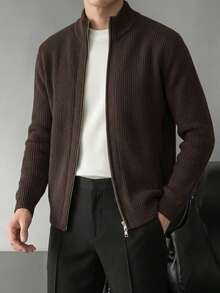 Suéter de punto tipo cárdigan para hombre con diseño de doble cremallera, moda otoño/invierno - Marrón - Ver 4