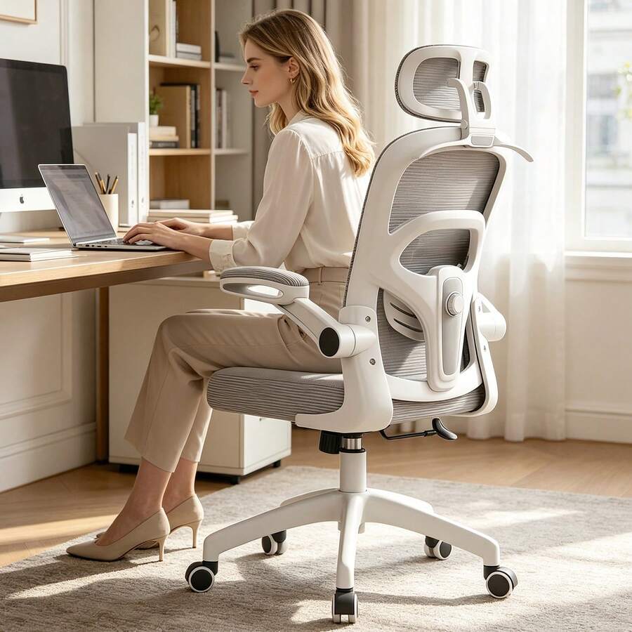 Ergonomic Office Chair & Height Adjustable Desk Chair Set, Swivel Mesh Desk Chair With Foldable Armrest, Adjustable Headrest & Lumbar Support For Home Office - Grey - View 1