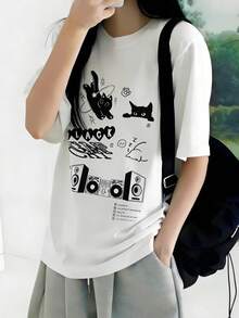 Lässiges Kurzarm-T-Shirt für Damen, locker geschnitten, weicher und cooler Vintage-Stil, Aufdruck mit einer Katze, die Musik hört, reine Stoffqualität, Y2K-Stil, geeignet für häufige Ausflüge und den täglichen - Weiss - Übersicht 2